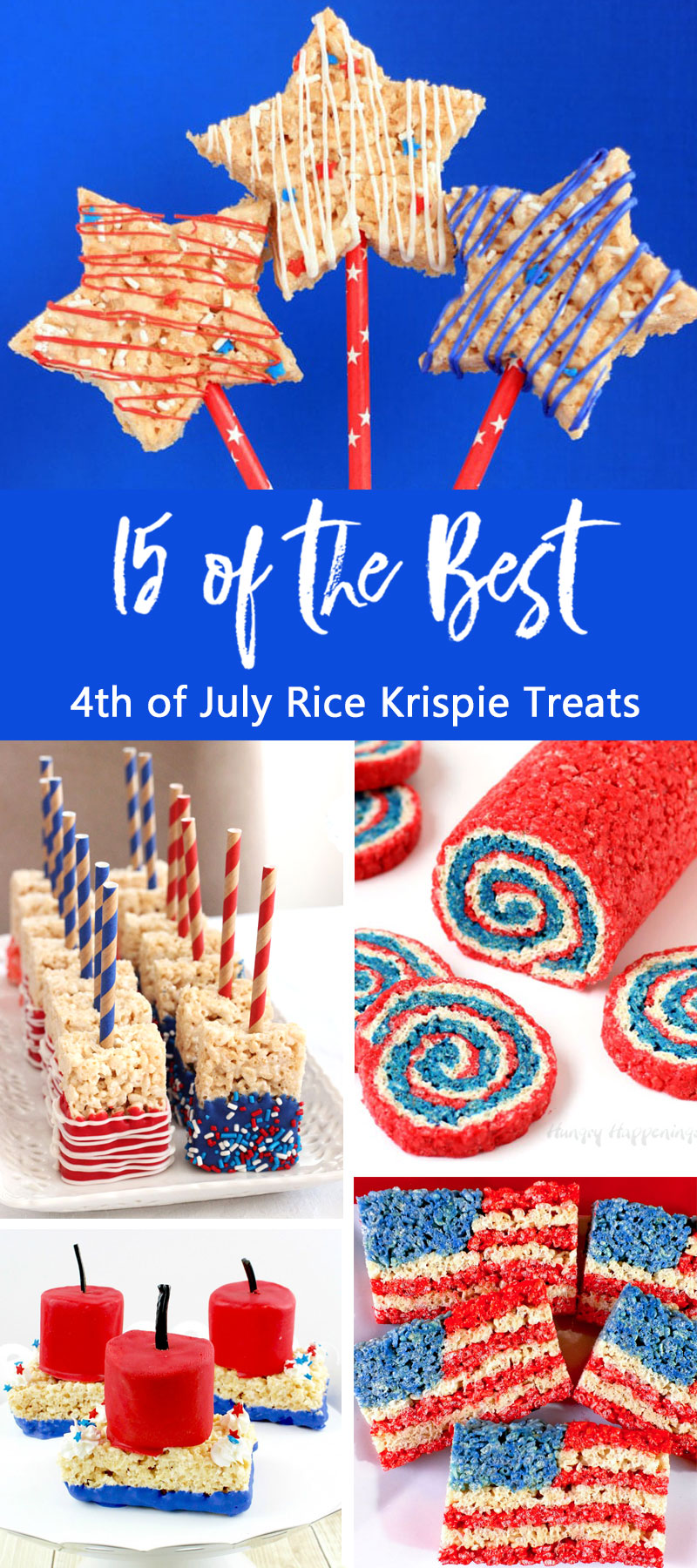 We've found 15 of the Best 4th of July Rice Krispie Treats.  Your friends and family at your Fourth of July party or summer family BBQ will love these Red White and Blue treats! These 15 yummy Patriotic Desserts are all amazing and gorgeous 4th of July treats.  Pin these easy to make Independence Day Rice Krispie Treats for later and follow us for more 4th of July Food Ideas. 